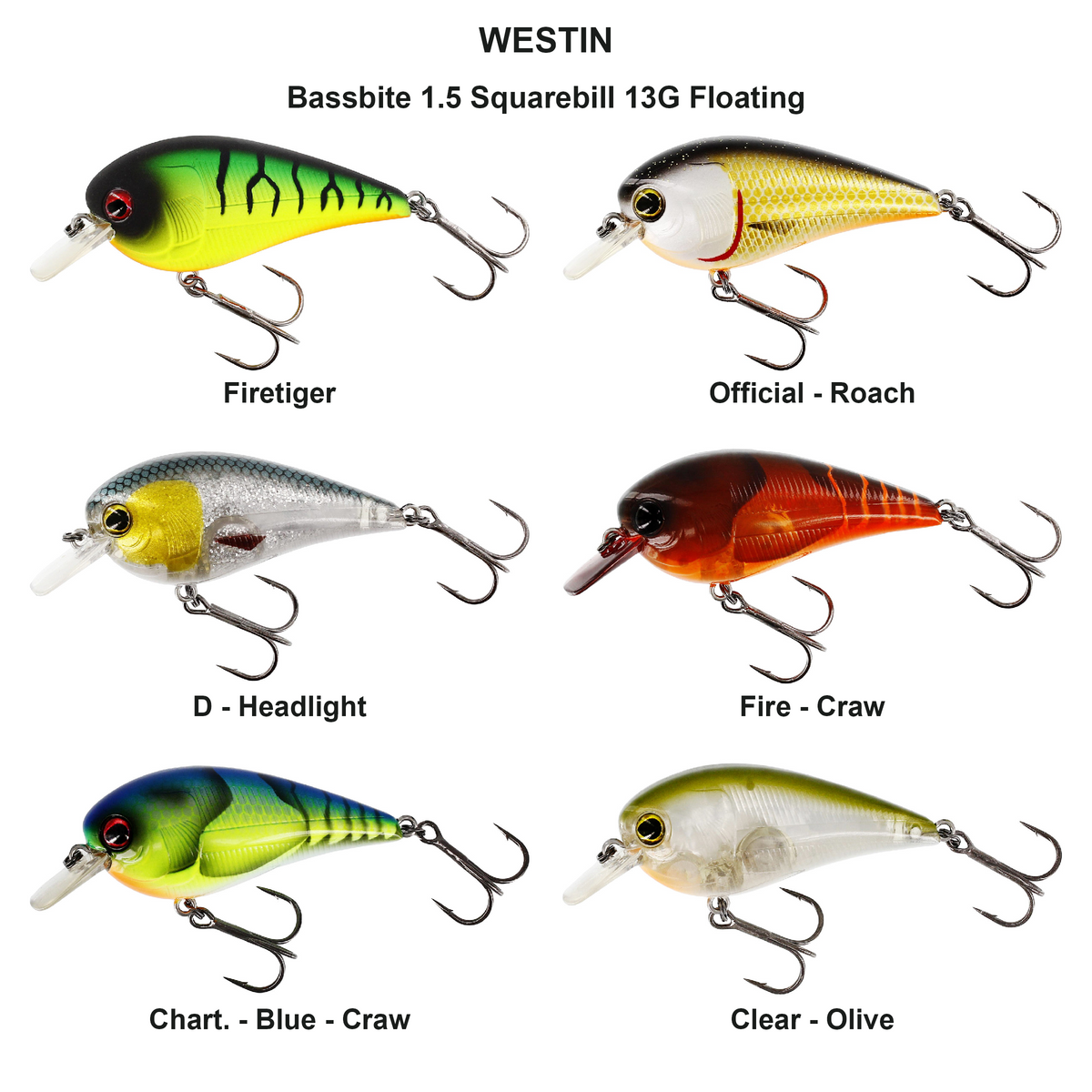 Farveoversigt – Bassbite 1.5 Squarebill 13G Floating